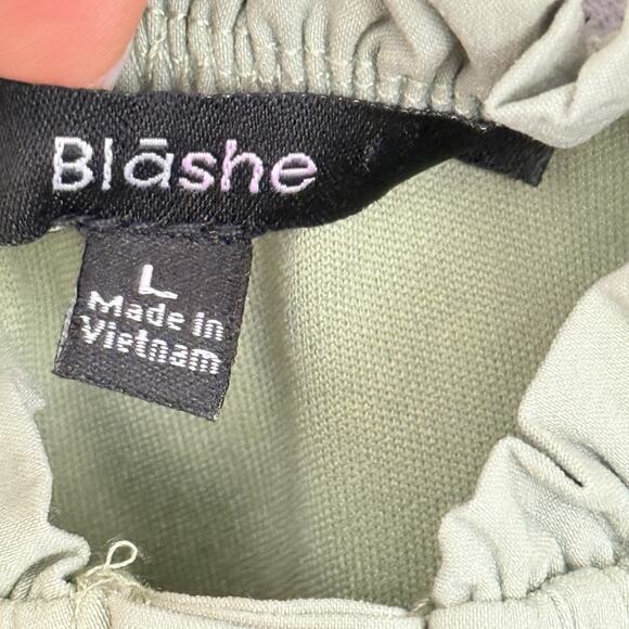 Blashe Dress Large Stretch Sage Green Mini Puff Sleeve Button Up Sweetheart Line - Picture 5 of 16